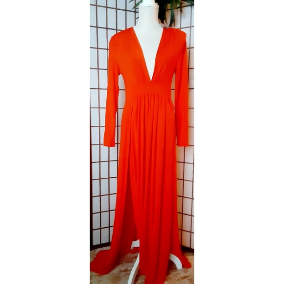 SHEIN Sexy Plunging Neck High Split Dress - Orange - Picture 6 of 16